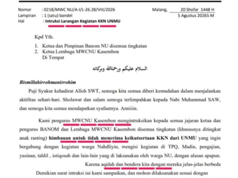 Polemik Surat MWCNU Kasembon, FMNN Tegaskan KKN UMM Tetap Berjalan